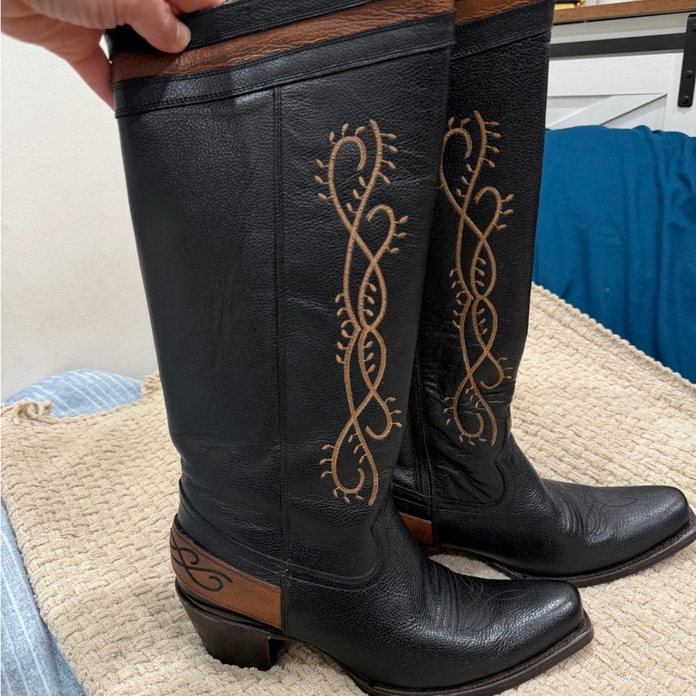 Black and Brown Embroidered Heeled Boots